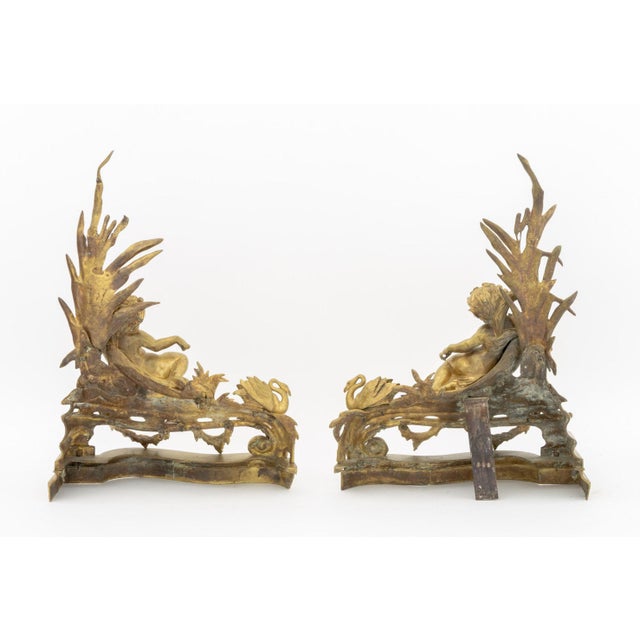 Louis XV Style Cherub Motif Brass Chenets, Pair For Sale - Image 9 of 9