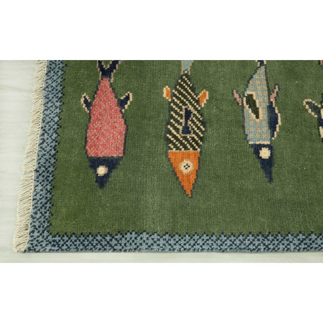 Boho Chic Koi Fish Olive Green Hand Knotted Runner Rug 2.6x8Ft. For Sale - Image 3 of 18