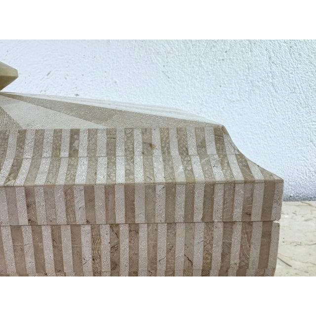 This is a vintage handcrafted travertine dresser box. This large dresser box has been handcrafted with a striped effect in...