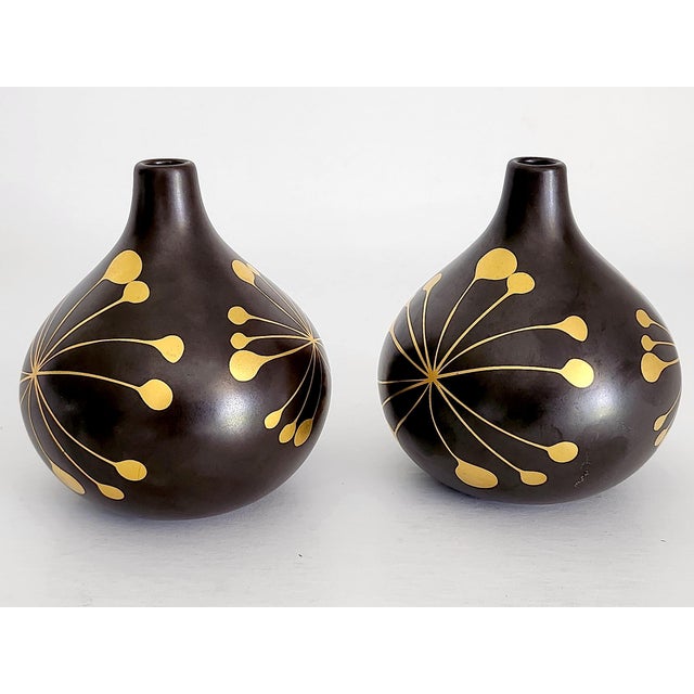 Mid-Century Modern Vintage Stoneware Bud Vases With Brass Starburst Inlay, a Pair For Sale - Image 3 of 11