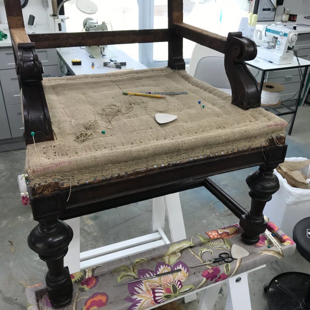 1920s Oak Leather Linen Armchair Reupholstered For Sale - Image 11 of 12