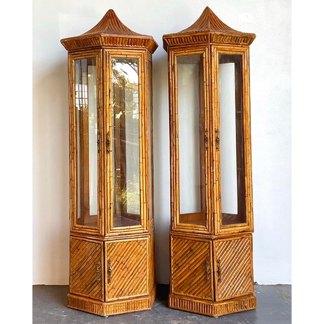Vintage Pagoda Split Rattan Tall Cabinets - A Pair For Sale - Image 11 of 12