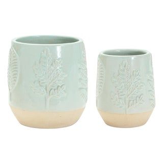 Two-Tone Porcealin Planter with Leaf Design (Set of 2) For Sale