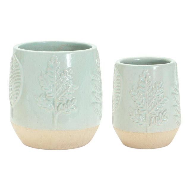 Two-Tone Porcealin Planter with Leaf Design (Set of 2) For Sale