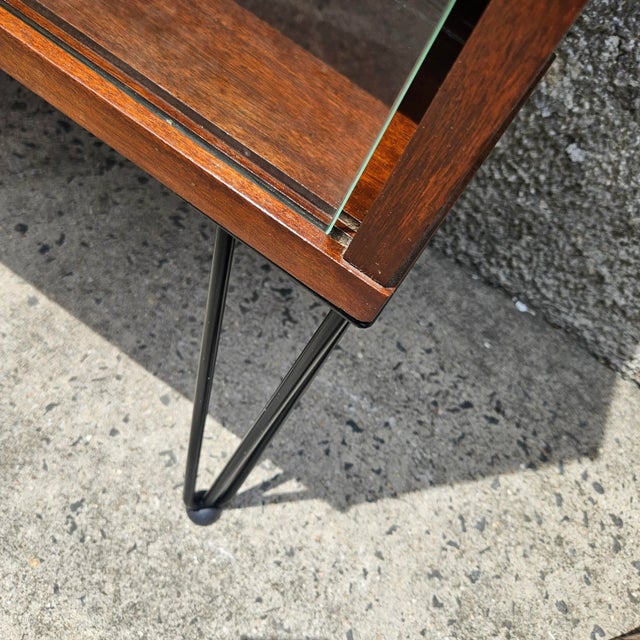 1970s Wood Cabinet With Glass Sliding Doors and Hairpin Legs For Sale - Image 10 of 12