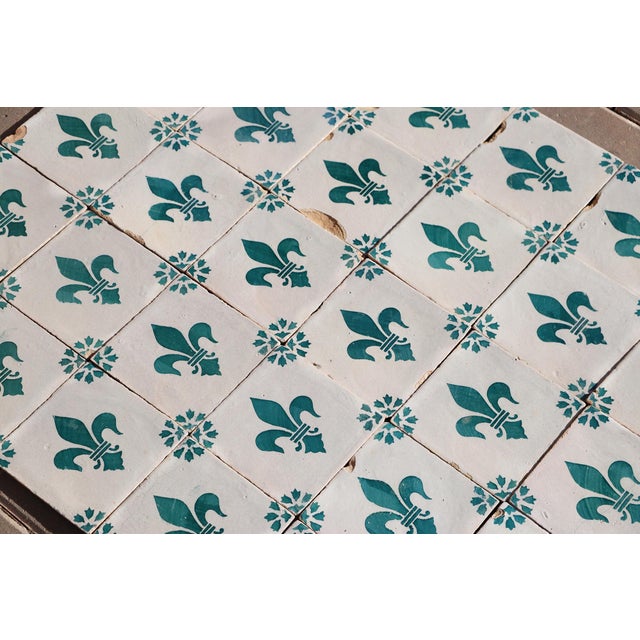 Antique 19th Century Portuguese Heraldic Motif Tiles With Teal Fleur-De-Lis Set of 28 For Sale - Image 4 of 14