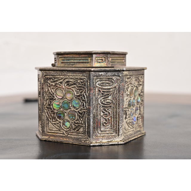 Tiffany Studios Tiffany Studios New York Silvered Bronze and Abalone Inkwell For Sale - Image 4 of 15