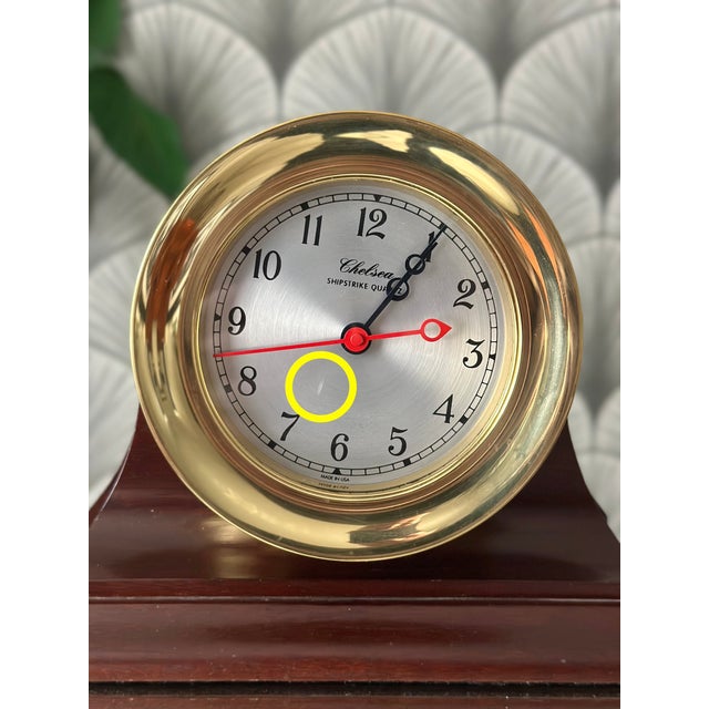 5.5" Brass Chelsea Shipstrike Quartz Mantel/Desk Clock and Traditional Wooden Base For Sale - Image 9 of 11
