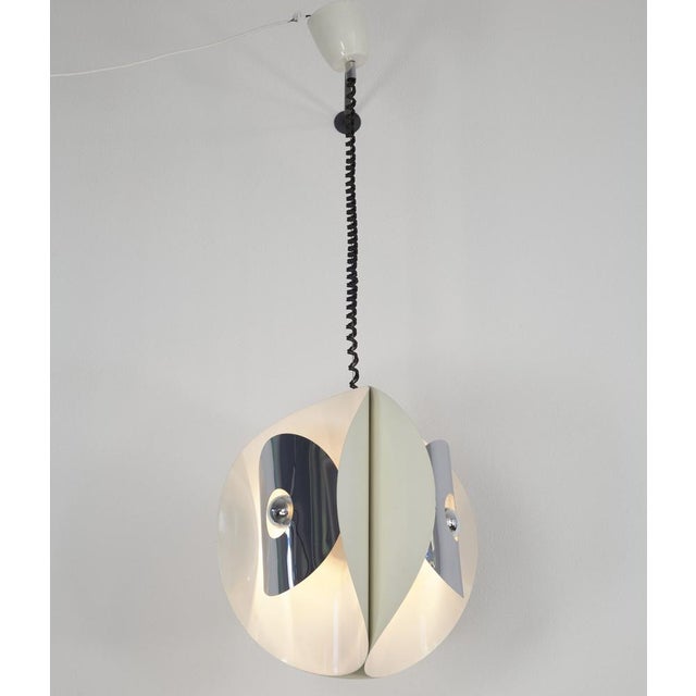 Italian Space Age Hanging Lamp with White Painted, Metal & Chrome Shields, 1970s For Sale - Image 4 of 18