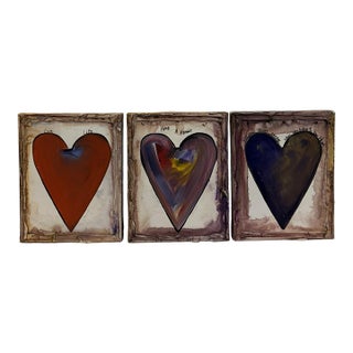 Vintage Abstract Contemporary Folk Art Mixed Media Heart Signed Paintings – Collection of Three For Sale