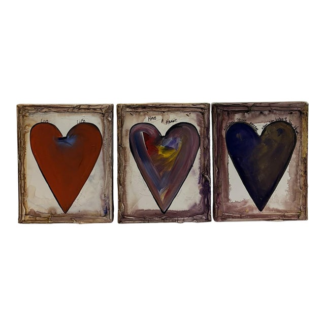 Vintage Abstract Contemporary Folk Art Mixed Media Heart Signed Paintings – Collection of Three For Sale