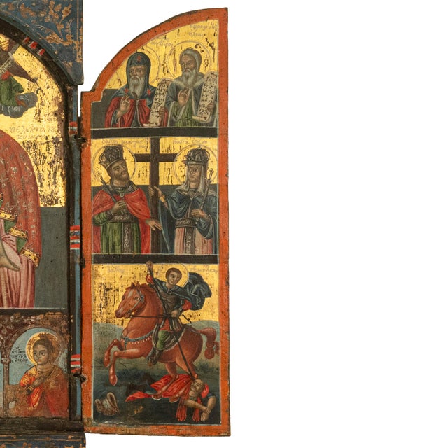 Antique 18thC Greek Orthodox Triptych Icon Virgin Mary & Saints Egg Tempera 1700 For Sale - Image 12 of 18