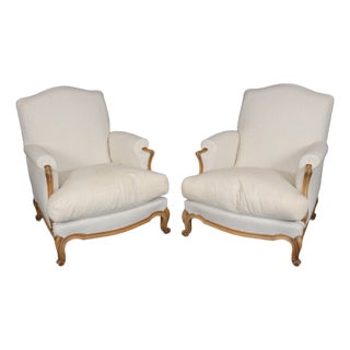 Pair of French Louis XV Style Oversized Upholstered Bergere Chairs C. 1920's For Sale