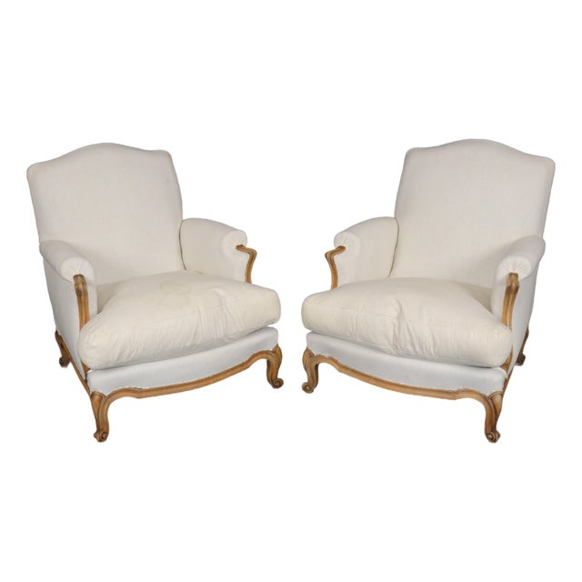 Pair of French Louis XV Style Oversized Upholstered Bergere Chairs C. 1920's For Sale