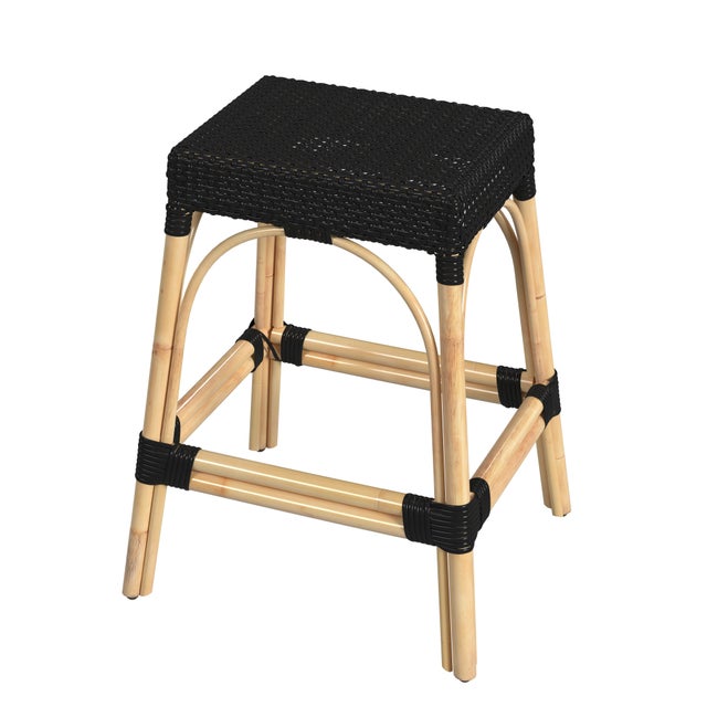 Wood Robias 24.5 in. Seat Height Rectangular Rattan Backless Counter Stool with Footrest, Black/ Natural Rattan Frame For Sale - Image 7 of 7