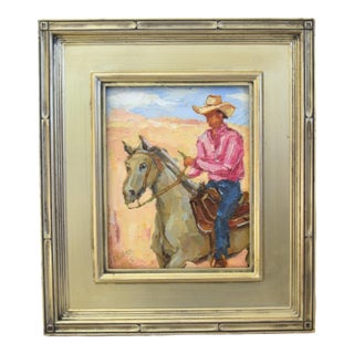 Western Cowboy & Gray Horse Oil Painting Including the Antiqued Silver Wood Frame For Sale