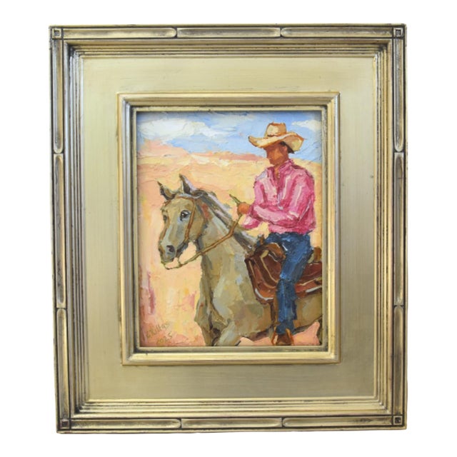 Western Cowboy & Gray Horse Oil Painting Including the Antiqued Silver Wood Frame For Sale
