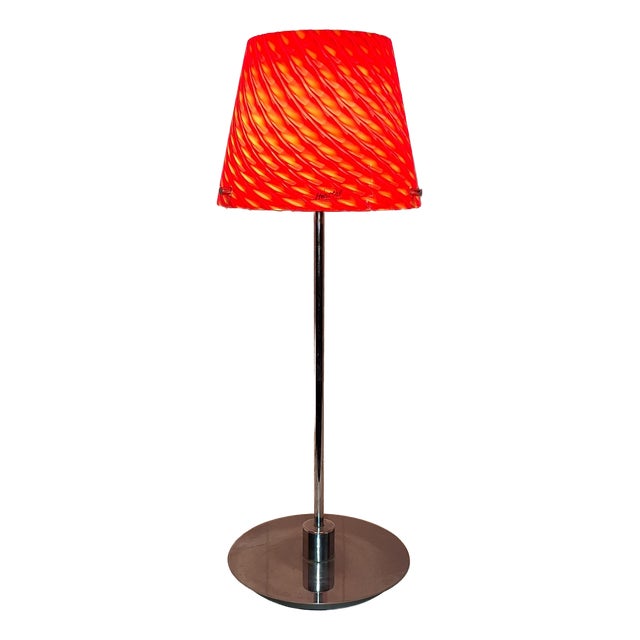 Vintage Table Lamp with Chrome-Plated Metal Base and Red Patterned Glass Shade, 2000s For Sale