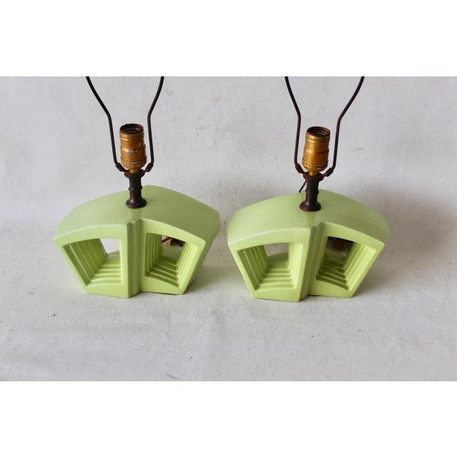 1950s Vintage Green Double Keyhole Ceramic Lamps With Original Shades ...
