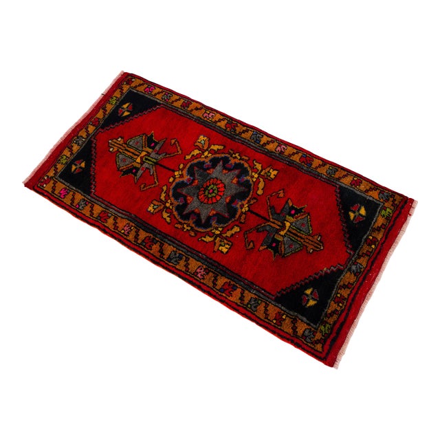 Hand Knotted Small Turkish Rug. Organic Wool 1960's Entryway Decor DoorMat, Accent Rug - 21'' X 42'' For Sale