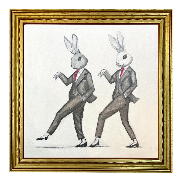 Whimsical Original Oil Painting of Two Dancing Bunnies by Max and Alma For Sale