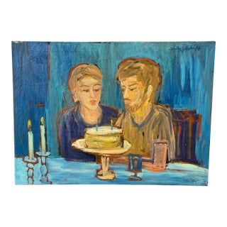 Midcentury Modern Portrait Oil on Canvas Couple With Cake For Sale