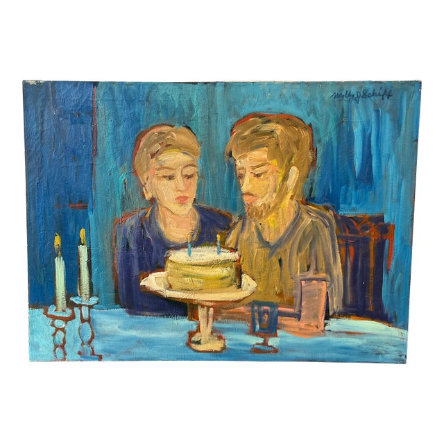 Midcentury Modern Portrait Oil on Canvas Couple With Cake For Sale