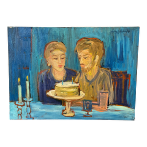Midcentury Modern Portrait Oil on Canvas Couple With Cake