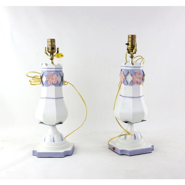 White A Pair of Vintage Iron Flower Table Lamps For Sale - Image 8 of 8