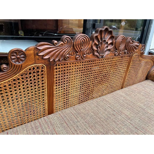 Antique British Anglo Indian Carved Mahogany Cane Seat and Back Settee For Sale - Image 9 of 18