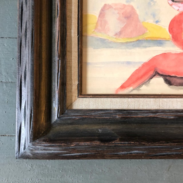 Vintage Original Female Nude in Beach Modernist Watercolor Painting Carved Wood Frame For Sale - Image 4 of 6
