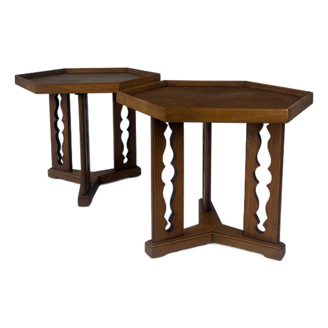 1960s Mid-Century Drexel "Esperanto" Pecan Hexagonal Side Tables - A Pair For Sale