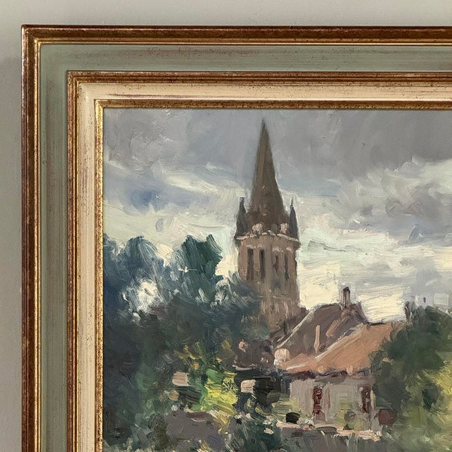 Wood Framed Oil Painting on Canvas by Jose Salvaggio (1953-) 'Village on the Saulx River, Meuse' For Sale - Image 7 of 16