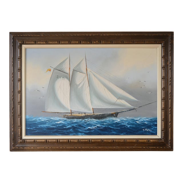 Vintage T. Peter Nautical Schooner Sailing Vessel Oil on Canvas Painting For Sale