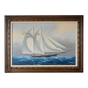 Vintage T. Peter Nautical Schooner Sailing Vessel Oil on Canvas Painting