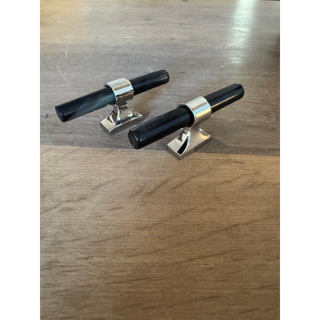 Tribal Pair of Ochre Black Handles With Polished Nickel Detail For Sale - Image 3 of 9