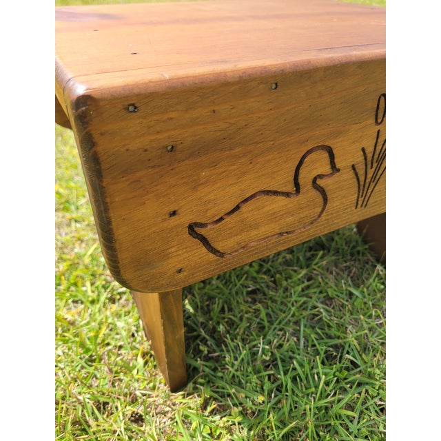 Brown Rustic Pine Step Stool With Heart Cut-Outs and Etched Mallard Scene For Sale - Image 8 of 12