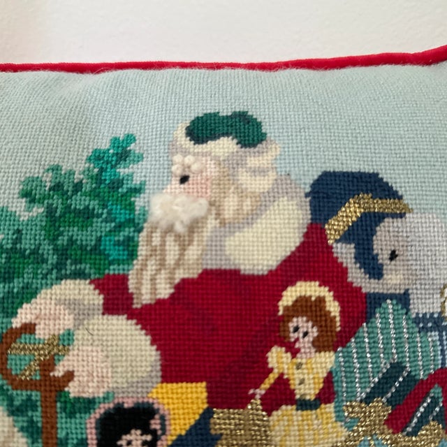Listing is for a vintage handmade needlepoint pillow depicting Santa Claus behind the wheel of antique car laden with...