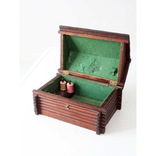 Antique Folk Art Log Cabin Sewing Box For Sale - Image 9 of 17