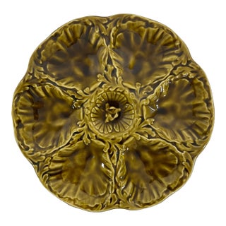 1950s French Gien Majolica Olive Green Oyster Plate For Sale