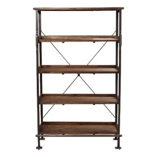 Industrial Wood and Metal Shelving Unit With Integrated Metal Handles and Foot Rail For Sale