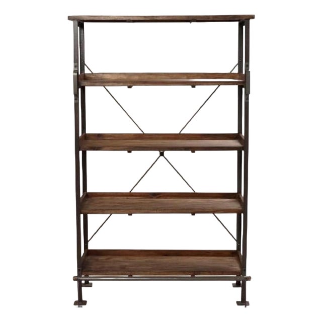 Industrial Wood and Metal Shelving Unit With Integrated Metal Handles and Foot Rail For Sale