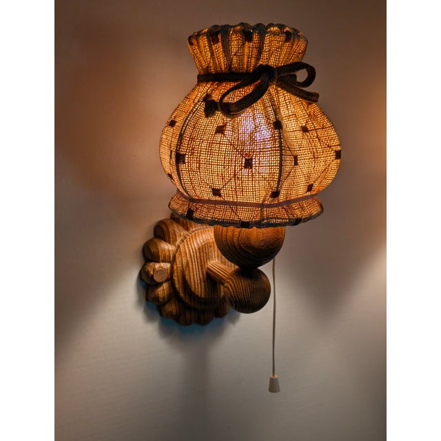 Wood Swedish Carved Pine Wall Sconces with Jute Shades, 1970s, Set of 2 For Sale - Image 7 of 16