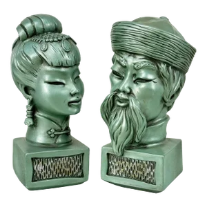 Vintage Hollywood Regency Asian Celadon Emperor Bust Sculptures - a Pair