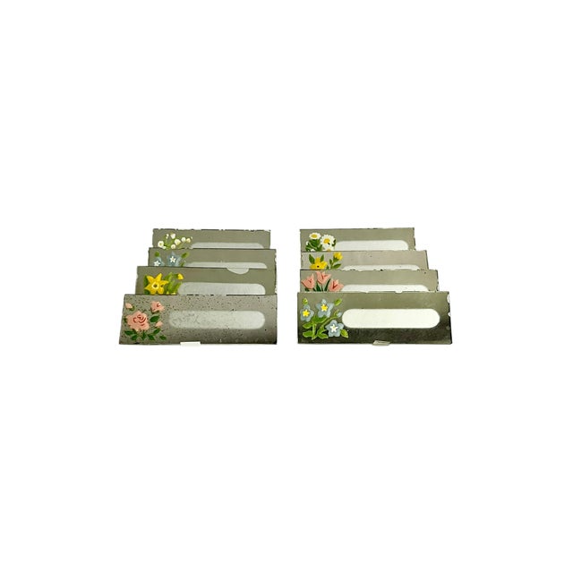 Fun set of 8 vintage mirror place cards with had painted floral design. Each place card has an area to write a name in the...