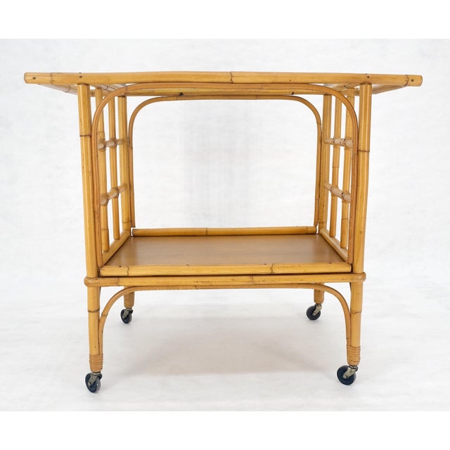 Fine Bamboo c1970s 2 Tier glass Top Serving Bar Cart on Wheels Mid Century MINT! For Sale - Image 13 of 18