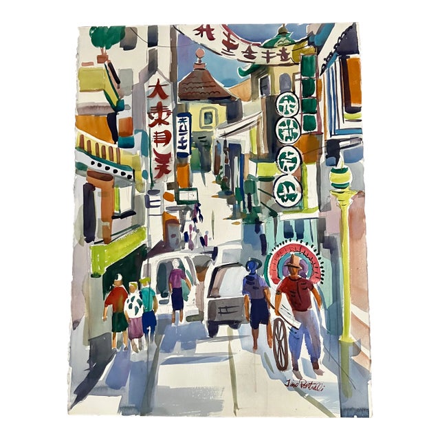 Vintage Tino Pontrelli Modern Watercolor Painting of Chinatown in San Francisco For Sale