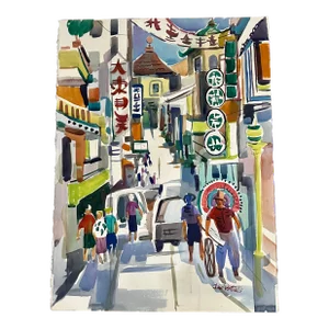 Vintage Tino Pontrelli Modern Watercolor Painting of Chinatown in San Francisco