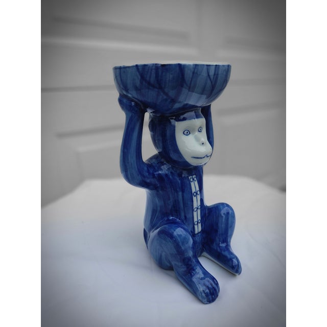 Vintage Chinoiserie Blue White Ceramic Monkey Dish - 8.25" Height For Sale - Image 4 of 12