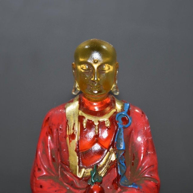 Glass Colored-Glass Buddha Figurine — Seated on Lotus Throne, Red & Gold Robes For Sale - Image 7 of 9